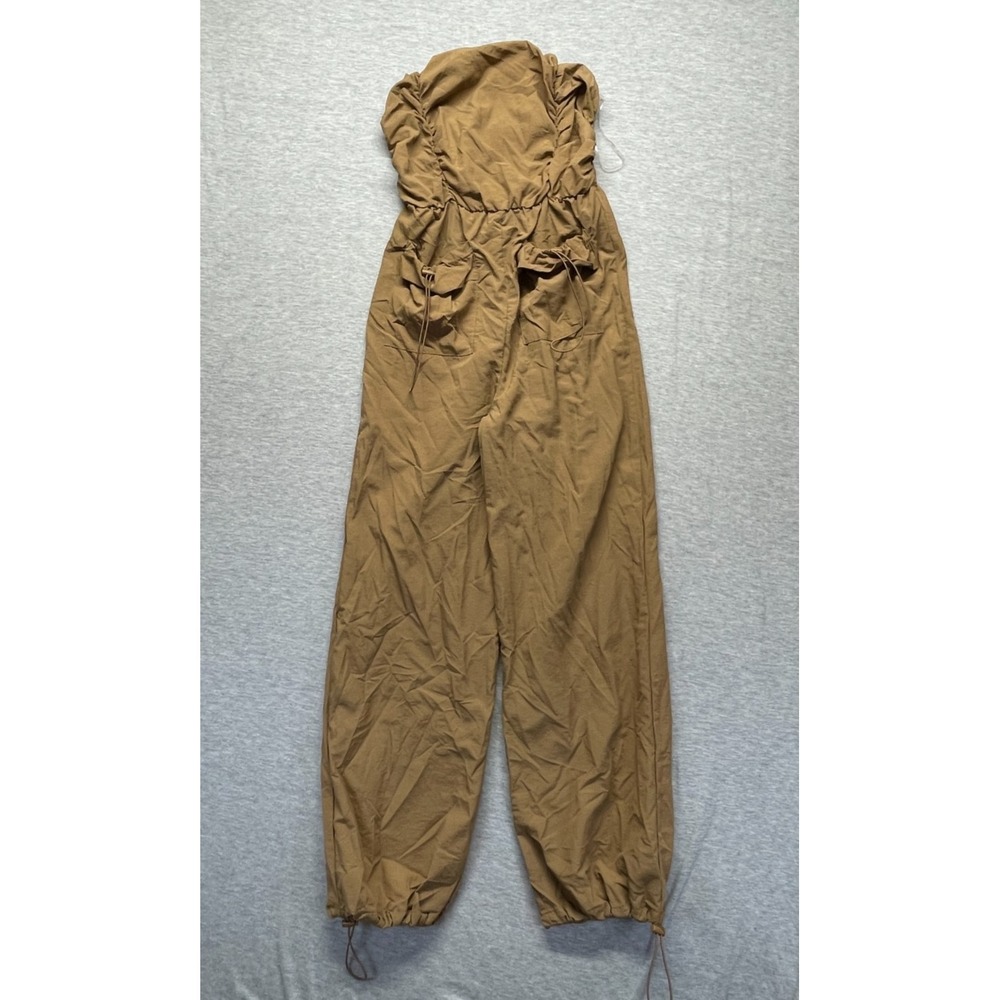 Jolie & Joy Strapless Jumpsuit Women Large Brown Nylon Smocked Back Cargo Pocket